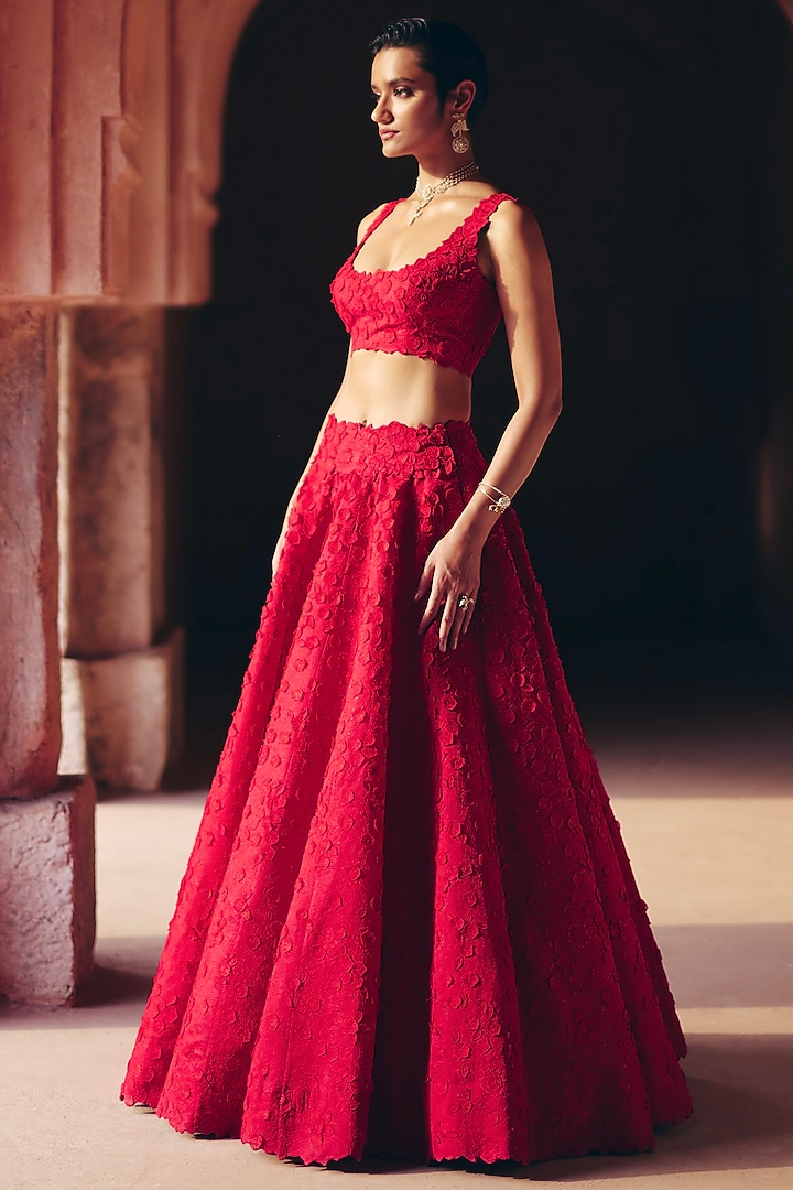 Cherry Blossom Red Silk Satin Organza 3D Floral Embroidered Bridal Lehenga Set by Mrunalini Rao at Pernia's Pop Up Shop