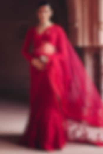 Cherry Blossom Red Net 3D Floral Hand Embroidered Bridal Lehenga Saree Set by Mrunalini Rao at Pernia's Pop Up Shop
