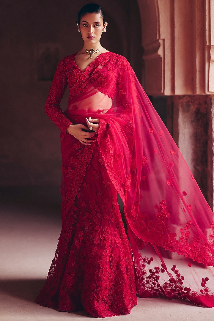 Cherry Blossom Red Net 3D Floral Hand Embroidered Bridal Lehenga Saree Set by Mrunalini Rao at Pernia's Pop Up Shop