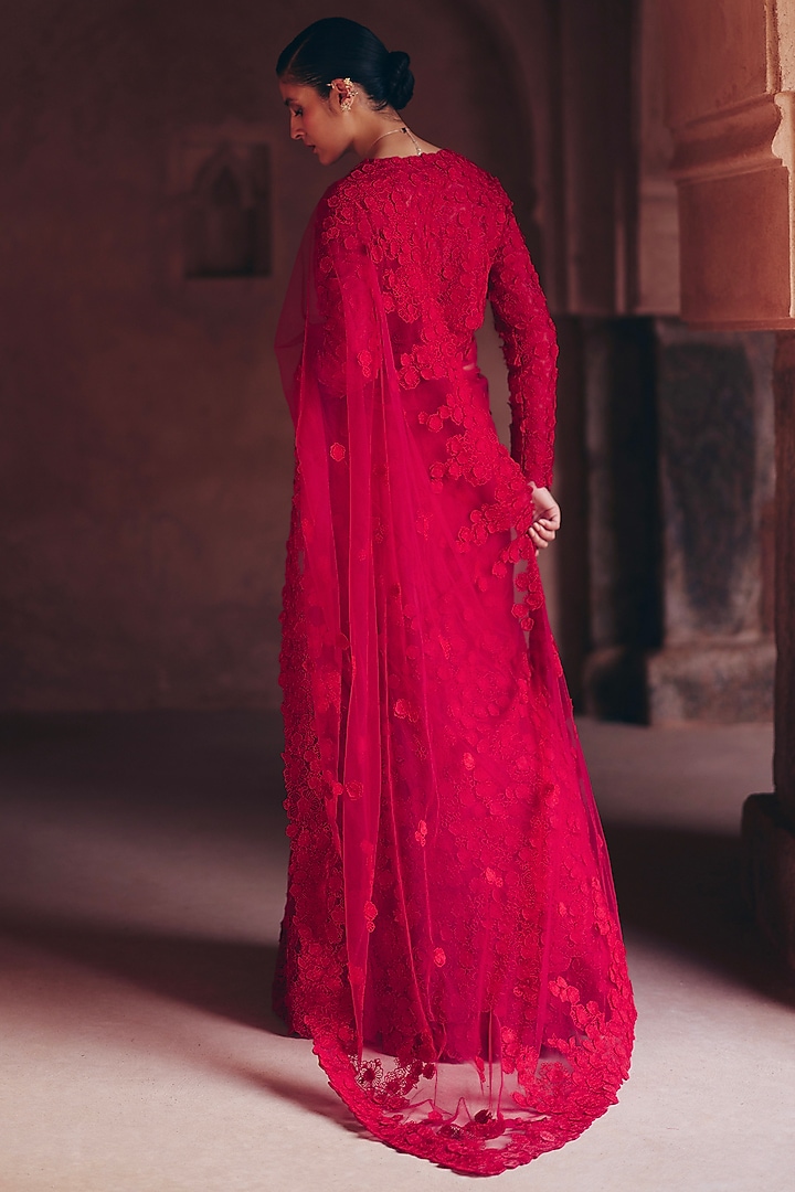 Cherry Blossom Red Net 3D Floral Hand Embroidered Bridal Lehenga Saree Set by Mrunalini Rao at Pernia's Pop Up Shop