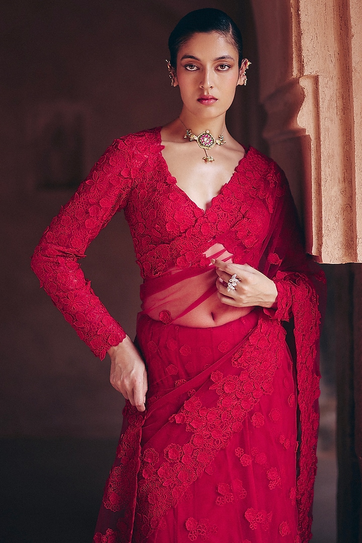 Cherry Blossom Red Net 3D Floral Hand Embroidered Bridal Lehenga Saree Set by Mrunalini Rao at Pernia's Pop Up Shop
