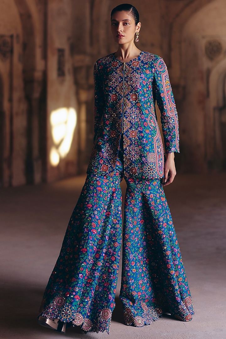 Vivid Blue Silk Resham & Zardosi Embroidered Bridal Sharara Set by Mrunalini Rao at Pernia's Pop Up Shop
