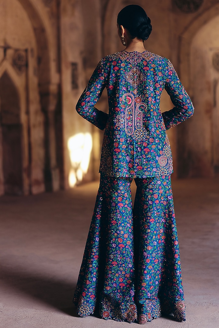 Vivid Blue Silk Resham & Zardosi Embroidered Bridal Sharara Set by Mrunalini Rao at Pernia's Pop Up Shop