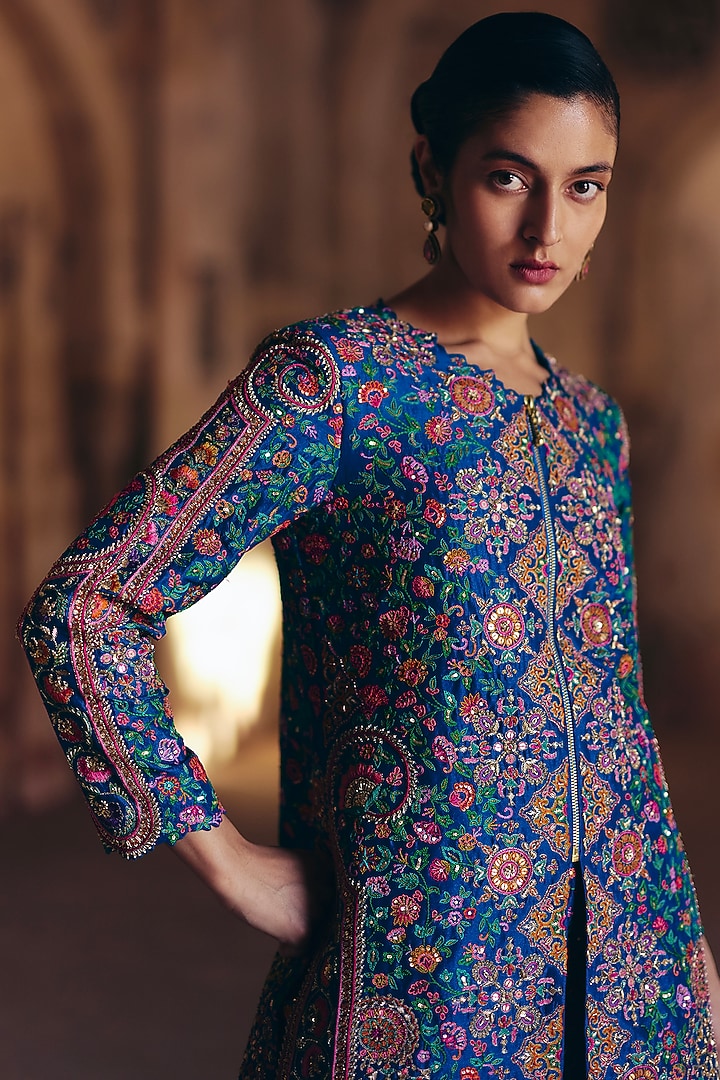 Vivid Blue Silk Resham & Zardosi Embroidered Bridal Sharara Set by Mrunalini Rao at Pernia's Pop Up Shop