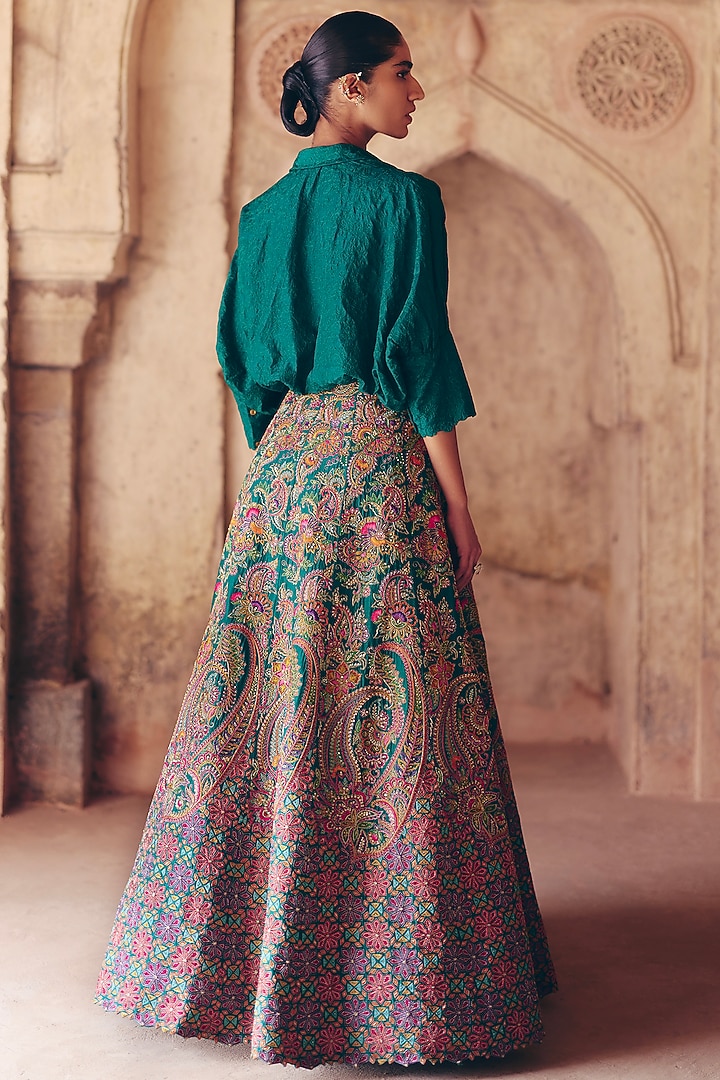 Rama Green Silk Resham & Zardosi Embroidered Bridal Lehenga Set by Mrunalini Rao at Pernia's Pop Up Shop