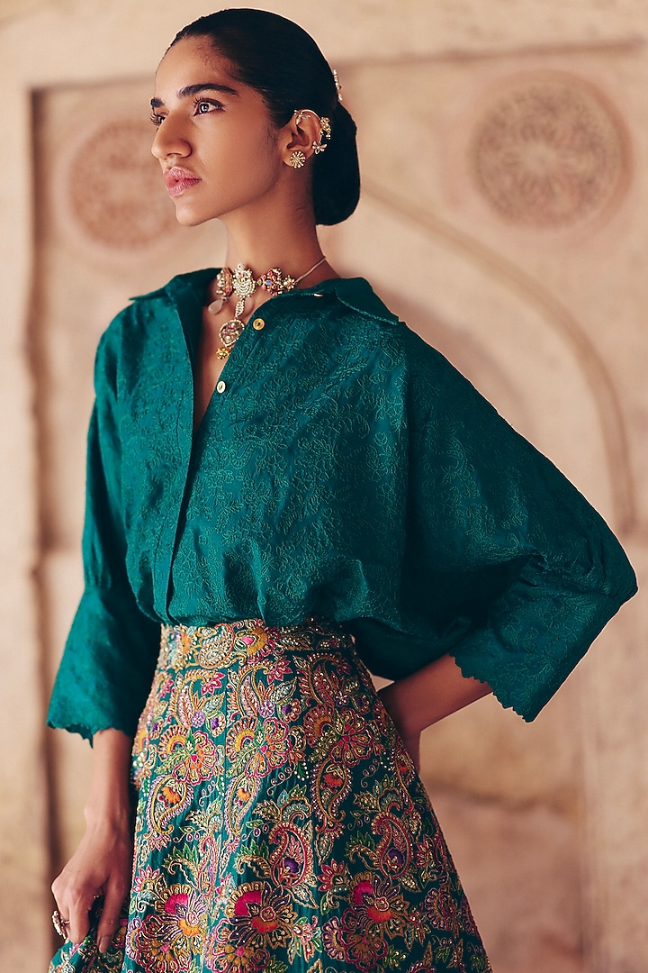 Rama Green Silk Resham & Zardosi Embroidered Bridal Lehenga Set by Mrunalini Rao at Pernia's Pop Up Shop