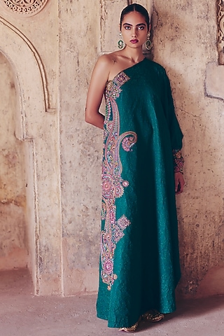 Rama Green Silk Resham & Zardosi Embroidered One-Shoulder Kaftan by Mrunalini Rao