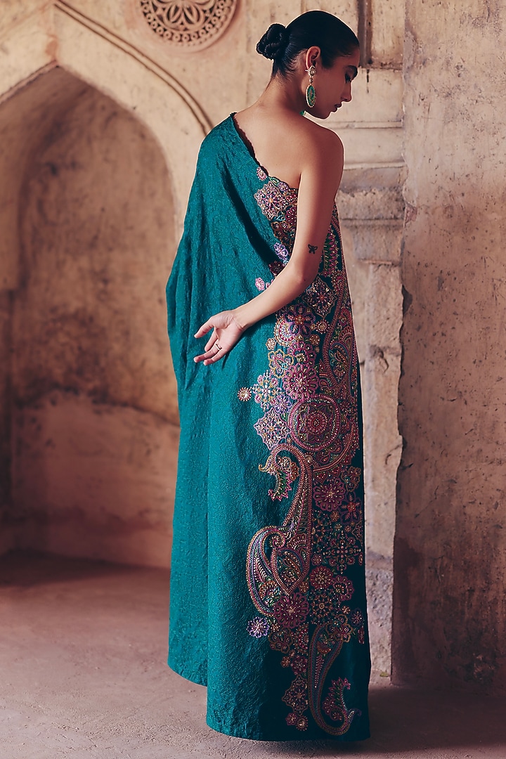 Rama Green Silk Resham & Zardosi Embroidered One-Shoulder Kaftan by Mrunalini Rao at Pernia's Pop Up Shop