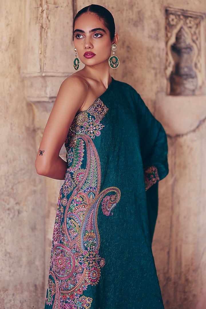 Rama Green Silk Resham & Zardosi Embroidered One-Shoulder Kaftan by Mrunalini Rao at Pernia's Pop Up Shop