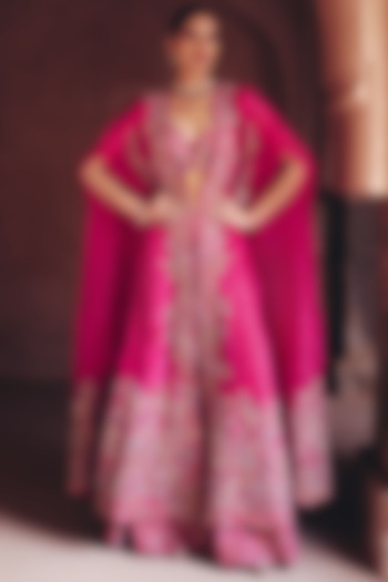 Fuchsia Pink Silk Organza Pearl Hand Embroidered Cape Set by Mrunalini Rao at Pernia's Pop Up Shop