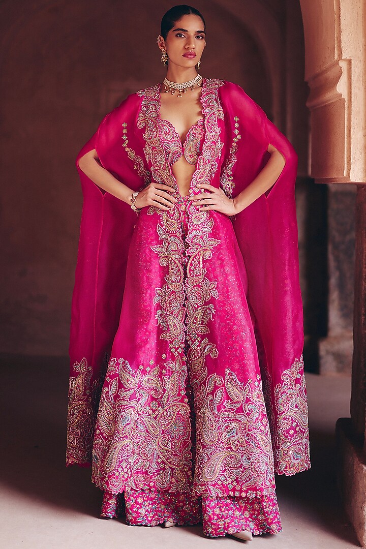 Fuchsia Pink Silk Organza Pearl Hand Embroidered Cape Set by Mrunalini Rao at Pernia's Pop Up Shop