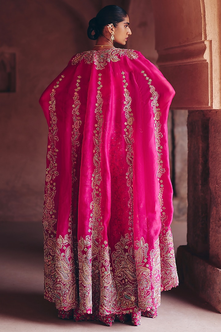 Fuchsia Pink Silk Organza Pearl Hand Embroidered Cape Set by Mrunalini Rao at Pernia's Pop Up Shop