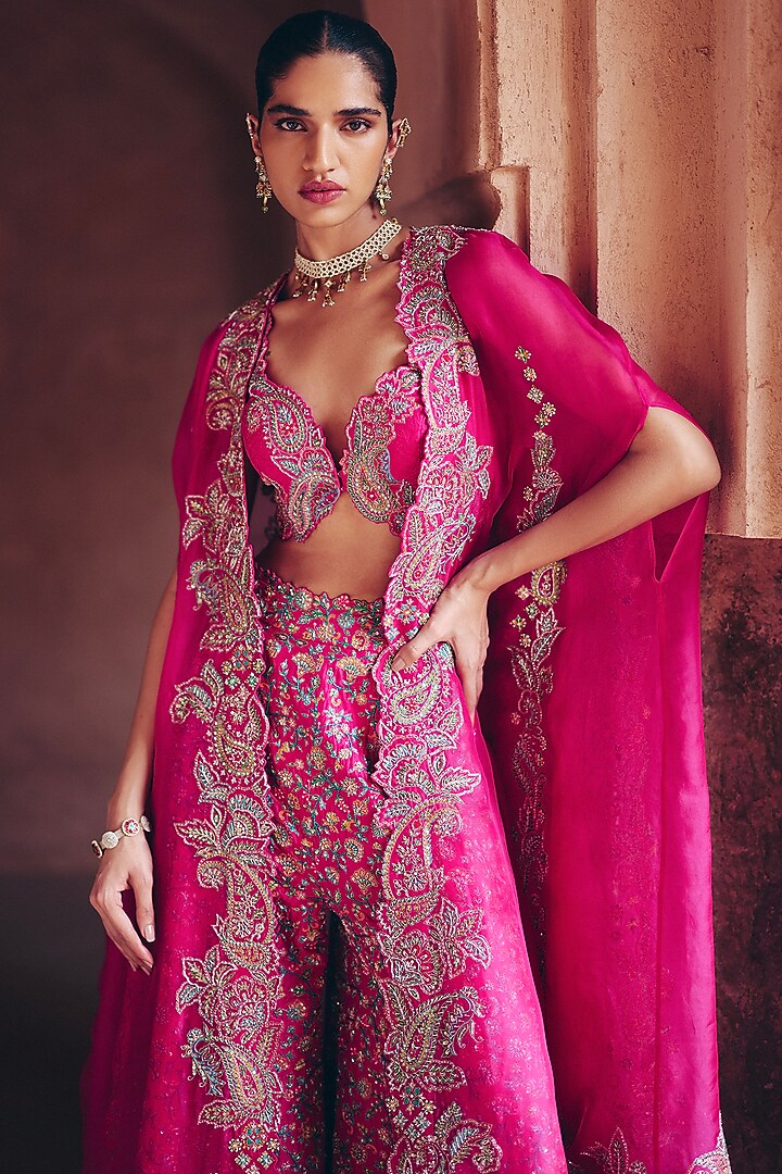 Fuchsia Pink Silk Organza Pearl Hand Embroidered Cape Set by Mrunalini Rao at Pernia's Pop Up Shop