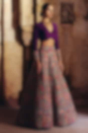Burgundy Raw Silk Resham Embroidered Bridal Lehenga Set by Mrunalini Rao at Pernia's Pop Up Shop