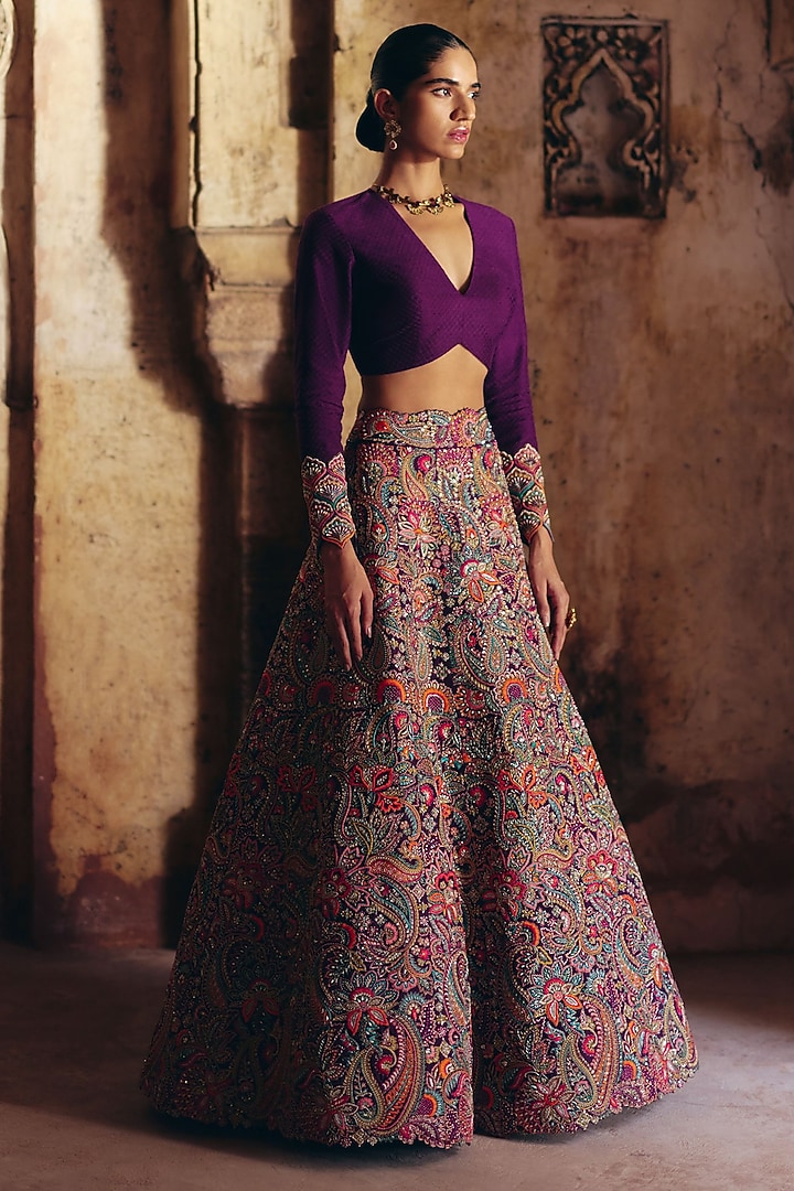 Burgundy Raw Silk Resham Embroidered Bridal Lehenga Set by Mrunalini Rao at Pernia's Pop Up Shop
