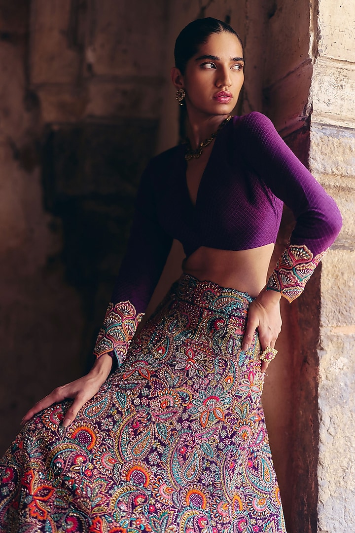Burgundy Raw Silk Resham Embroidered Bridal Lehenga Set by Mrunalini Rao at Pernia's Pop Up Shop
