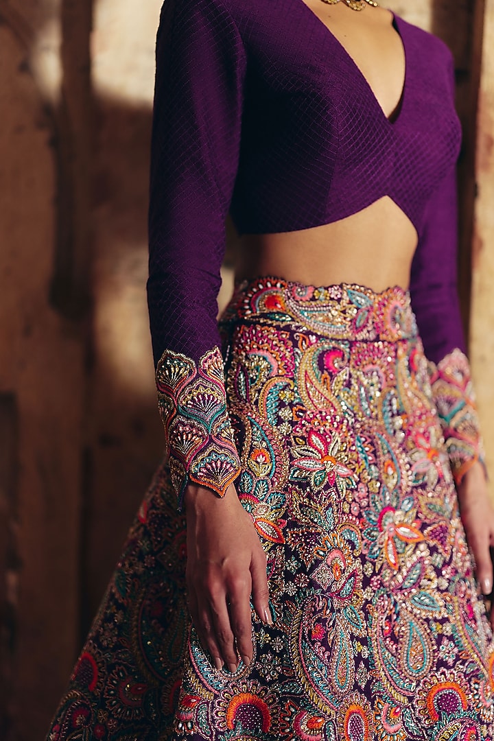 Burgundy Raw Silk Resham Embroidered Bridal Lehenga Set by Mrunalini Rao at Pernia's Pop Up Shop