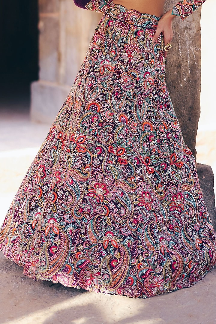Burgundy Raw Silk Resham Embroidered Bridal Lehenga Set by Mrunalini Rao at Pernia's Pop Up Shop