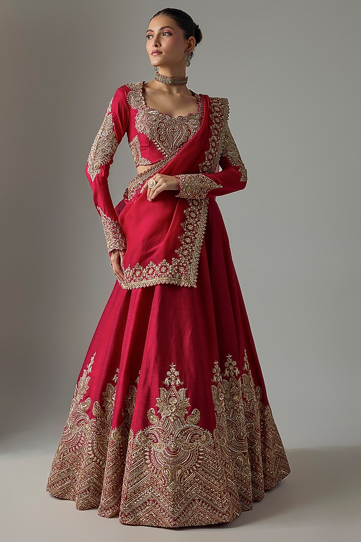 Red Raw Silk Zardosi Embroidered Bridal Lehenga Set by Mrunalini Rao at Pernia's Pop Up Shop