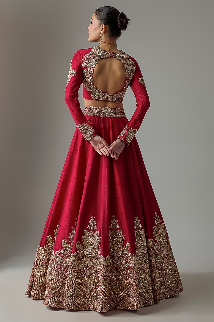 Red Raw Silk Zardosi Embroidered Bridal Lehenga Set by Mrunalini Rao at Pernia's Pop Up Shop