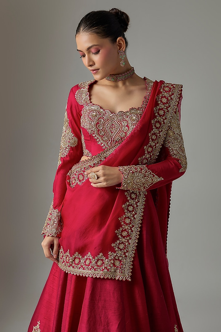 Red Raw Silk Zardosi Embroidered Bridal Lehenga Set by Mrunalini Rao at Pernia's Pop Up Shop