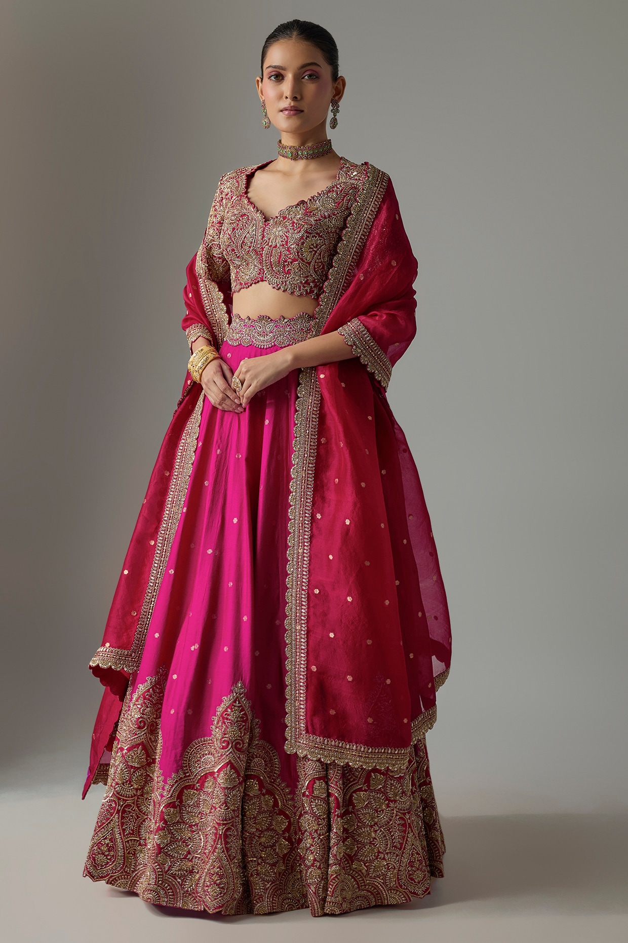 Mrunalini Rao Fuchsia Pink & Red Silk Zardosi Embroidered Lehenga Set