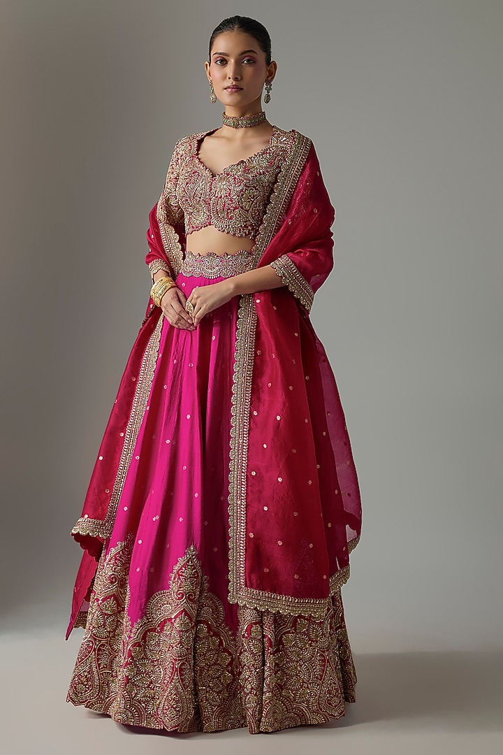 Fuchsia Pink & Red Silk Zardosi Embroidered Bridal Lehenga Set by Mrunalini Rao at Pernia's Pop Up Shop