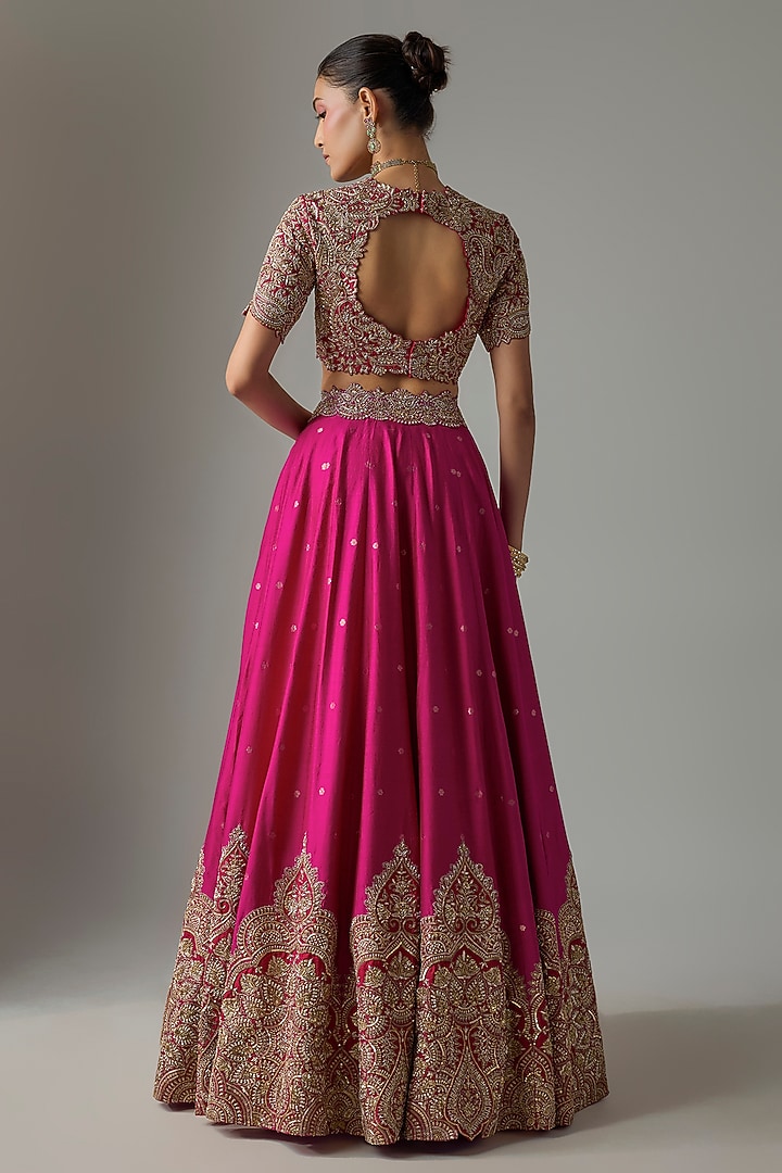 Fuchsia Pink & Red Silk Zardosi Embroidered Bridal Lehenga Set by Mrunalini Rao at Pernia's Pop Up Shop