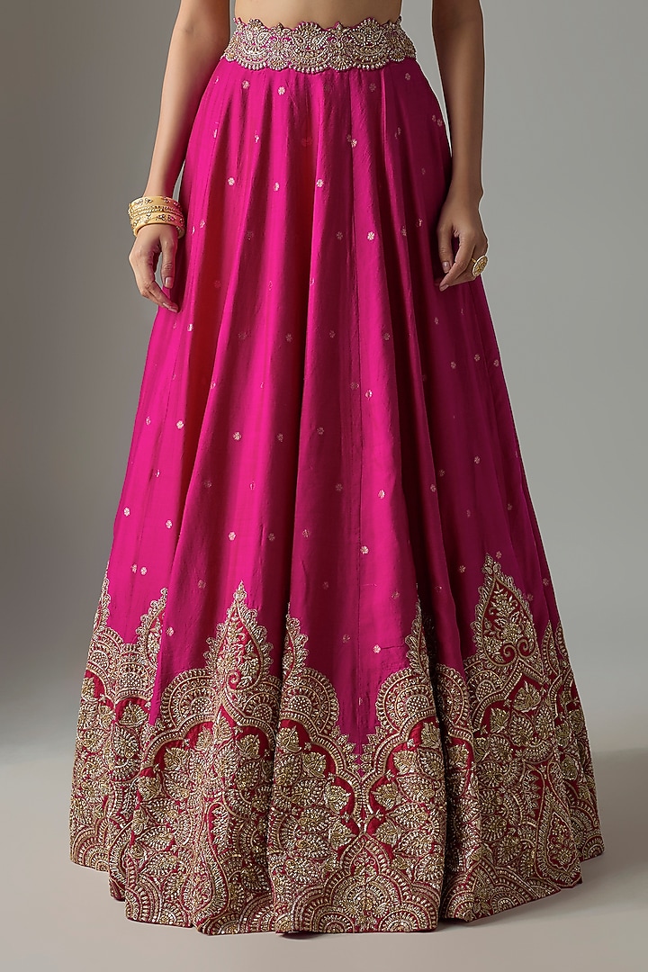 Fuchsia Pink & Red Silk Zardosi Embroidered Bridal Lehenga Set by Mrunalini Rao at Pernia's Pop Up Shop