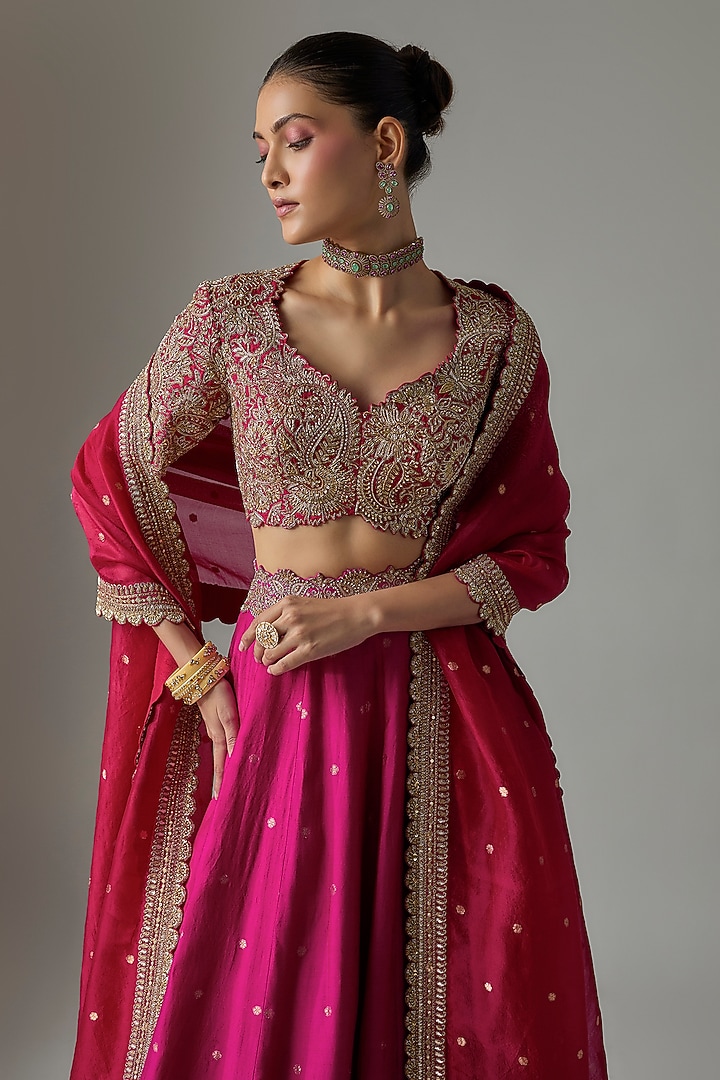 Fuchsia Pink & Red Silk Zardosi Embroidered Bridal Lehenga Set by Mrunalini Rao at Pernia's Pop Up Shop
