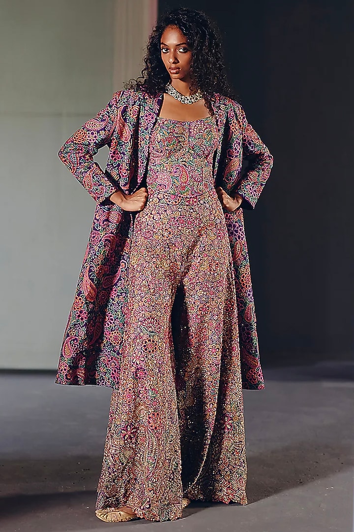 Multi-Coloured Raw Silk Zardosi Embroidered Pant Set by Mrunalini Rao at Pernia's Pop Up Shop