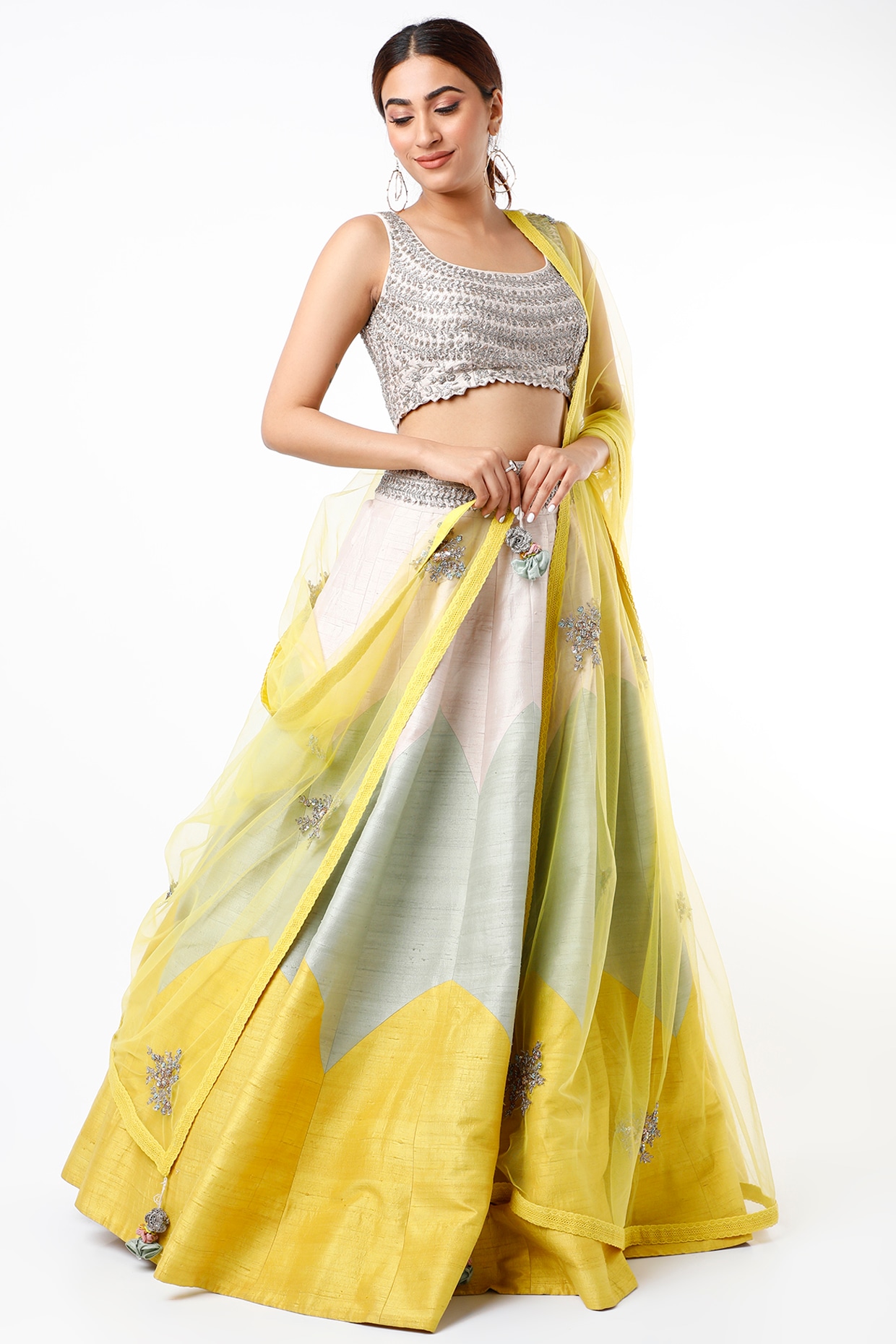 Buy Online Yellow and Blue Embroidered Banarasi Net Lehenga |Dupatta – Pure  Elegance