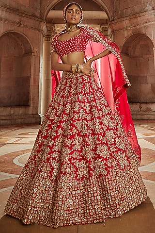 Red Zardosi Embroidered Lehenga Set by Mrunalini Rao