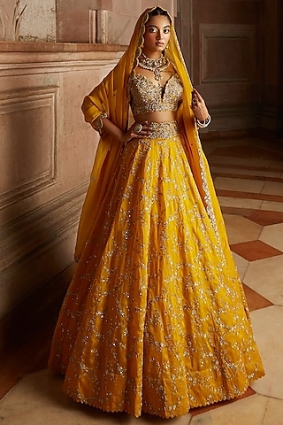 Yellow Embroidered Lehenga Set by Mrunalini Rao