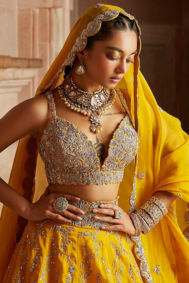 Yellow Embroidered Bridal Lehenga Set by Mrunalini Rao at Pernia's Pop Up Shop