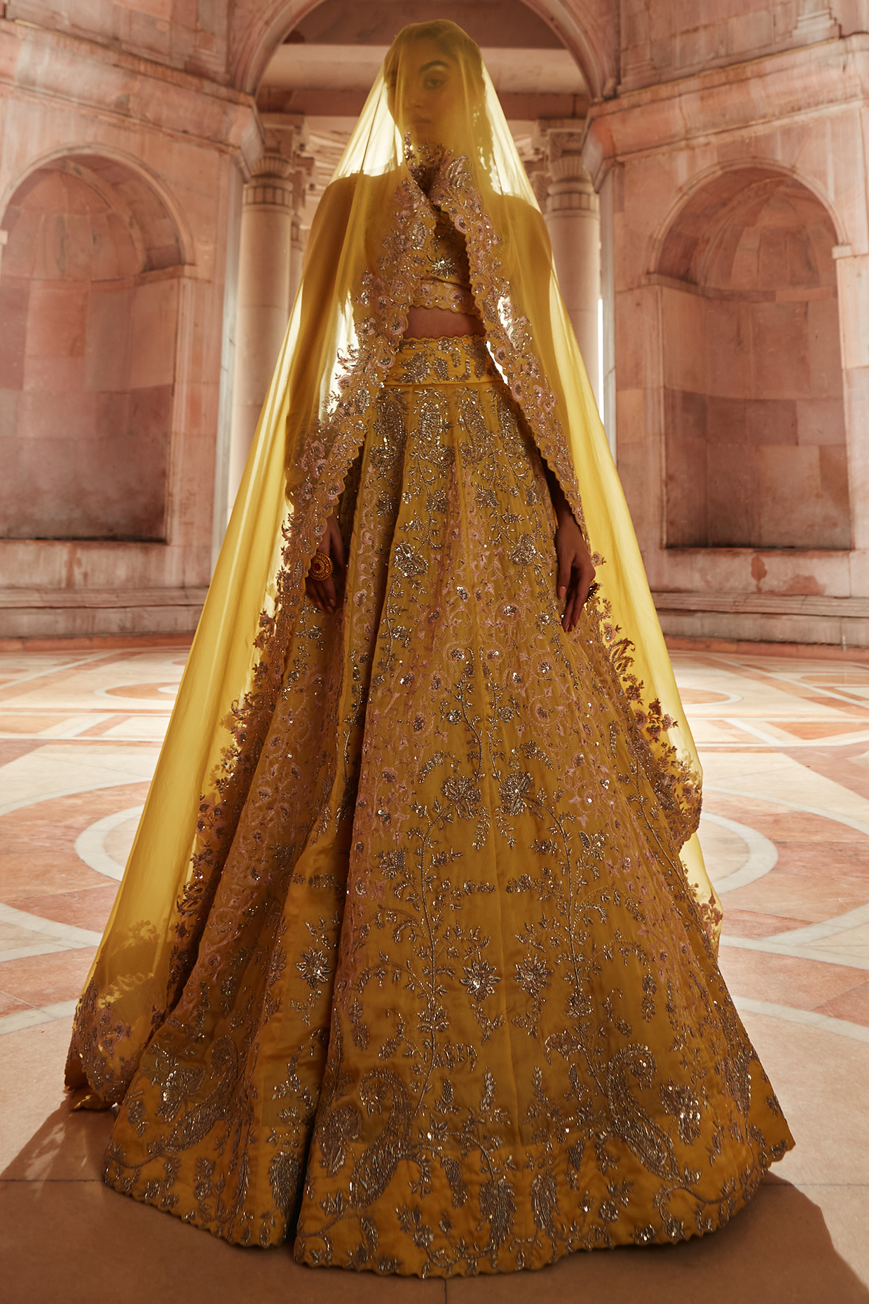 Yellow Resham Embroidered Bridal Lehenga Set by Mrunalini Rao at Pernia's Pop Up Shop