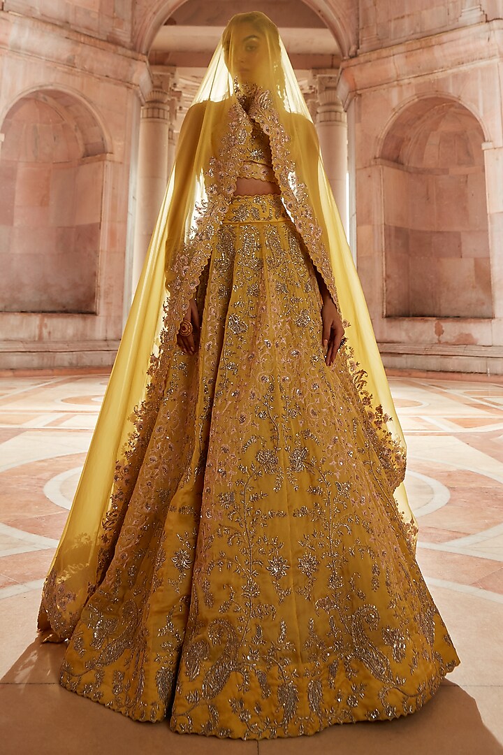Yellow Resham Embroidered Bridal Lehenga Set by Mrunalini Rao at Pernia's Pop Up Shop