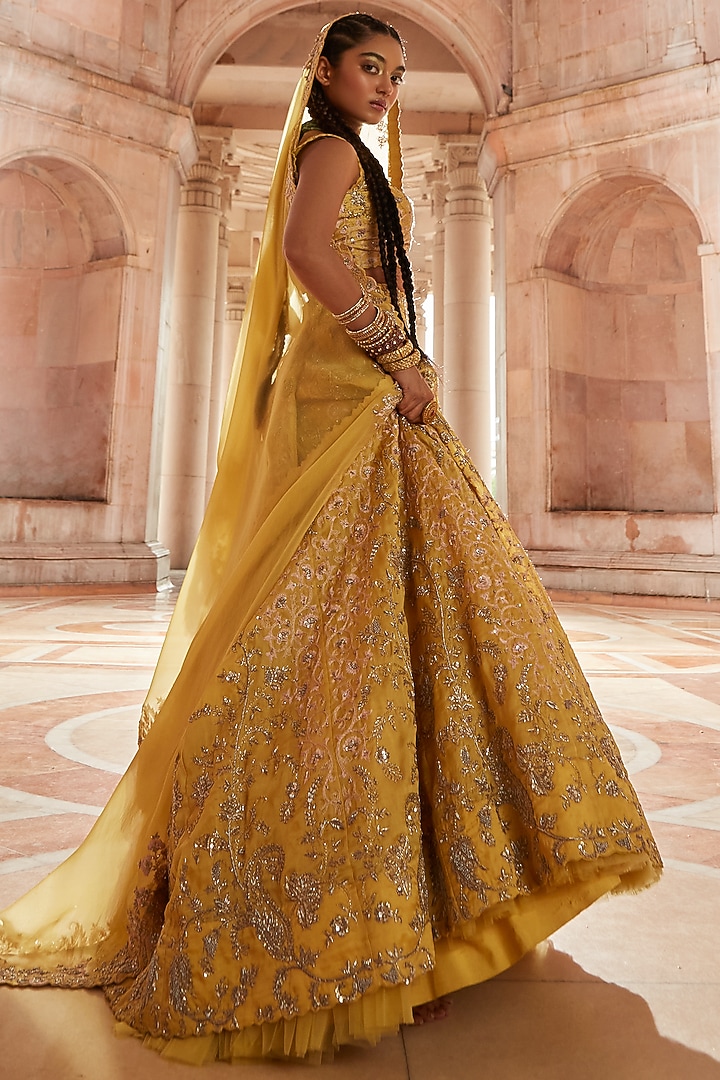 Yellow Resham Embroidered Bridal Lehenga Set by Mrunalini Rao at Pernia's Pop Up Shop