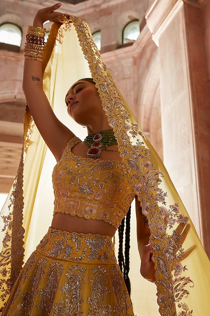 Yellow Resham Embroidered Bridal Lehenga Set by Mrunalini Rao at Pernia's Pop Up Shop