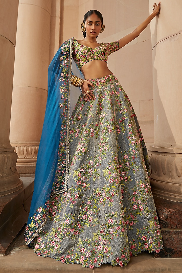 Teal Blue Bridal Lehenga Set With Embroidery by Mrunalini Rao at Pernia's Pop Up Shop