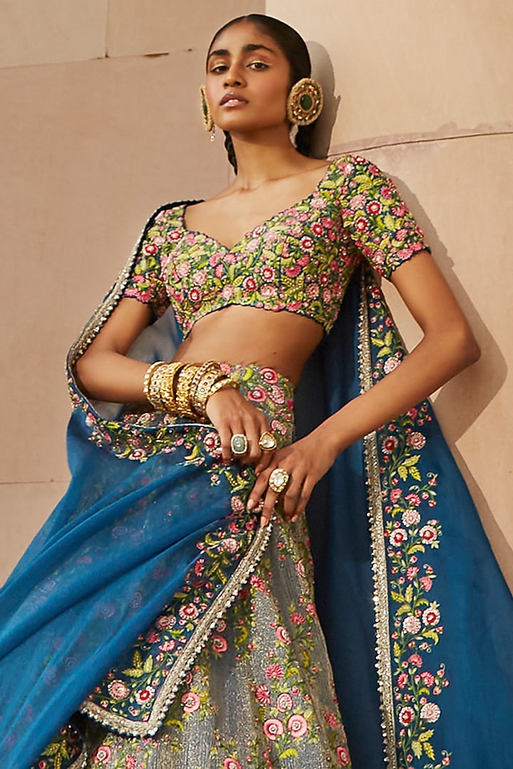 Teal Blue Bridal Lehenga Set With Embroidery by Mrunalini Rao at Pernia's Pop Up Shop