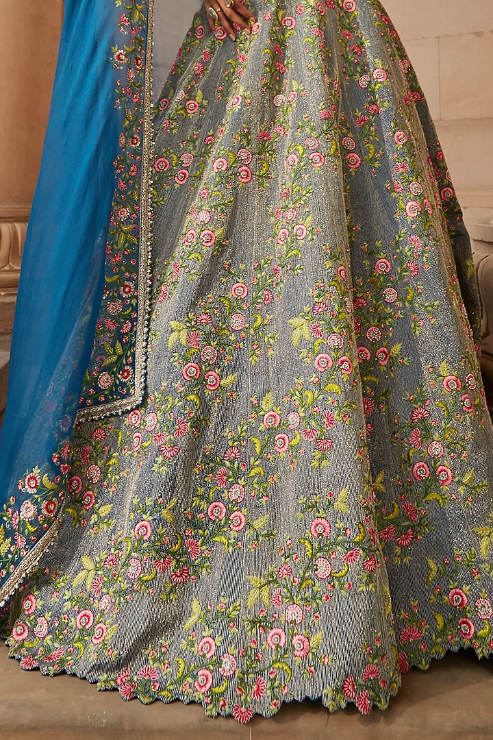Teal Blue Bridal Lehenga Set With Embroidery by Mrunalini Rao at Pernia's Pop Up Shop