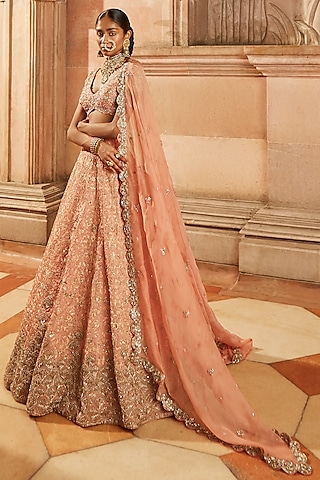 Peach Embroidered Lehenga Set by Mrunalini Rao
