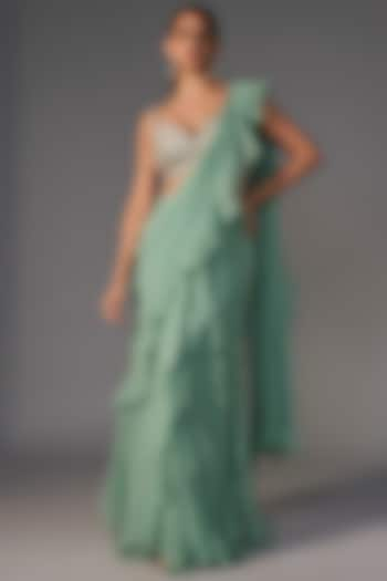 Mint Chiffon Ruffled Saree Set by Mrunalini Rao at Pernia's Pop Up Shop