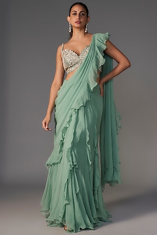 Mint Chiffon Ruffled Saree Set by Mrunalini Rao