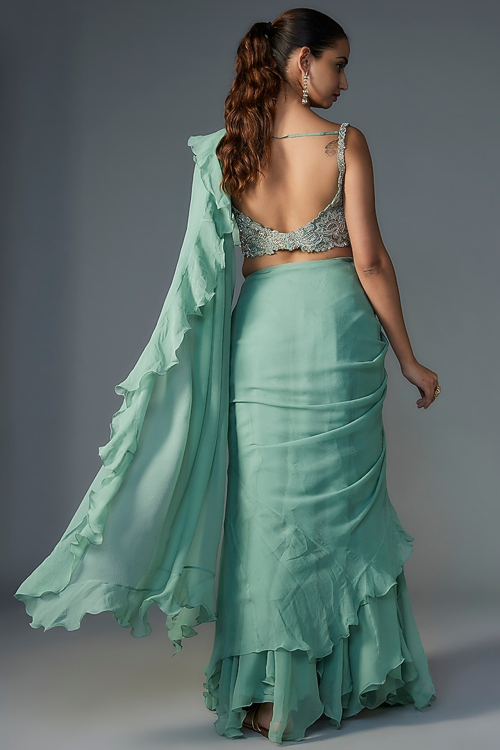 Mint Chiffon Ruffled Reception Saree Set by Mrunalini Rao at Pernia's Pop Up Shop