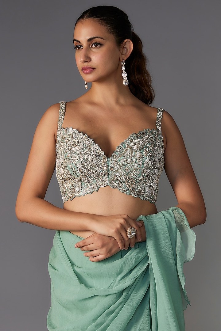 Mint Chiffon Ruffled Reception Saree Set by Mrunalini Rao at Pernia's Pop Up Shop