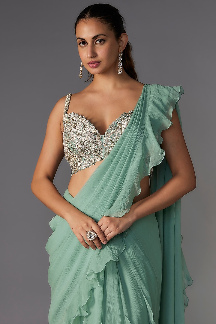 Mint Chiffon Ruffled Reception Saree Set by Mrunalini Rao at Pernia's Pop Up Shop