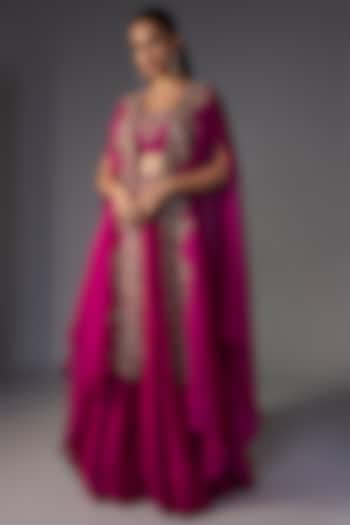 Magenta Pink Organza Zardosi Embroidered Cape Set by Mrunalini Rao at Pernia's Pop Up Shop