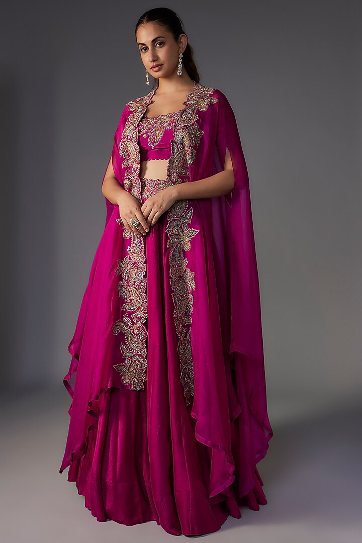 Magenta Pink Organza Zardosi Embroidered Cape Set by Mrunalini Rao at Pernia's Pop Up Shop